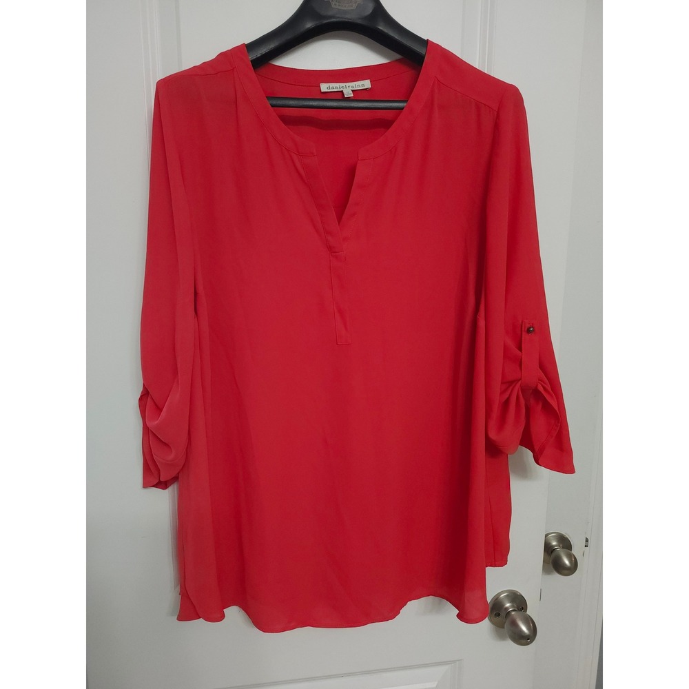 Daniel Rainn Red Split Neck Roll-Tab Sleeve Blouse Plus Size 2X